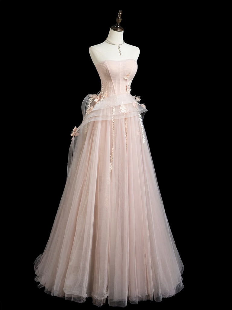 A-Line Tulle Lace Pink Long Prom Dress, Pink Long Formal Dress