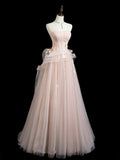 A-Line Tulle Lace Pink Long Prom Dress, Pink Long Formal Dress