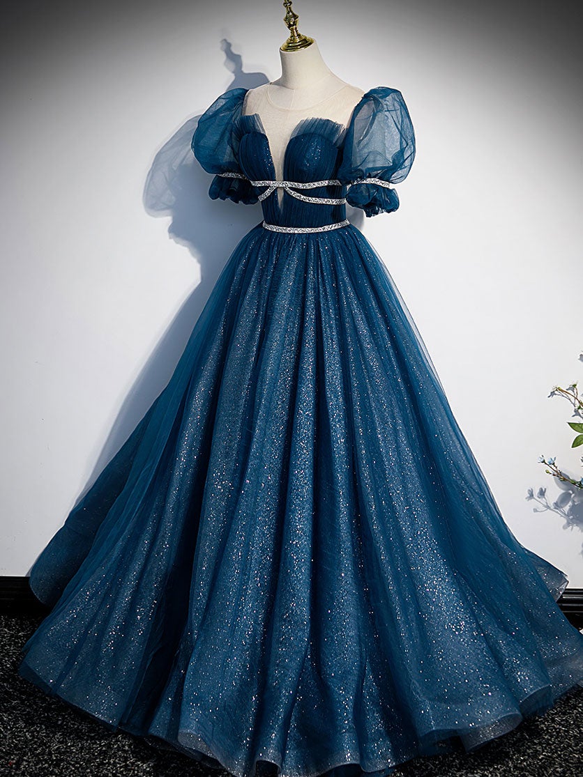 Blue tulle sequin long prom dress, blue tulle formal dress