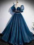 Blue tulle sequin long prom dress, blue tulle formal dress