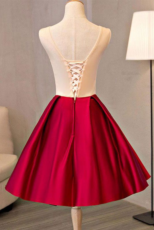 Burgundy lace applique short prom dress lace homecoming dress