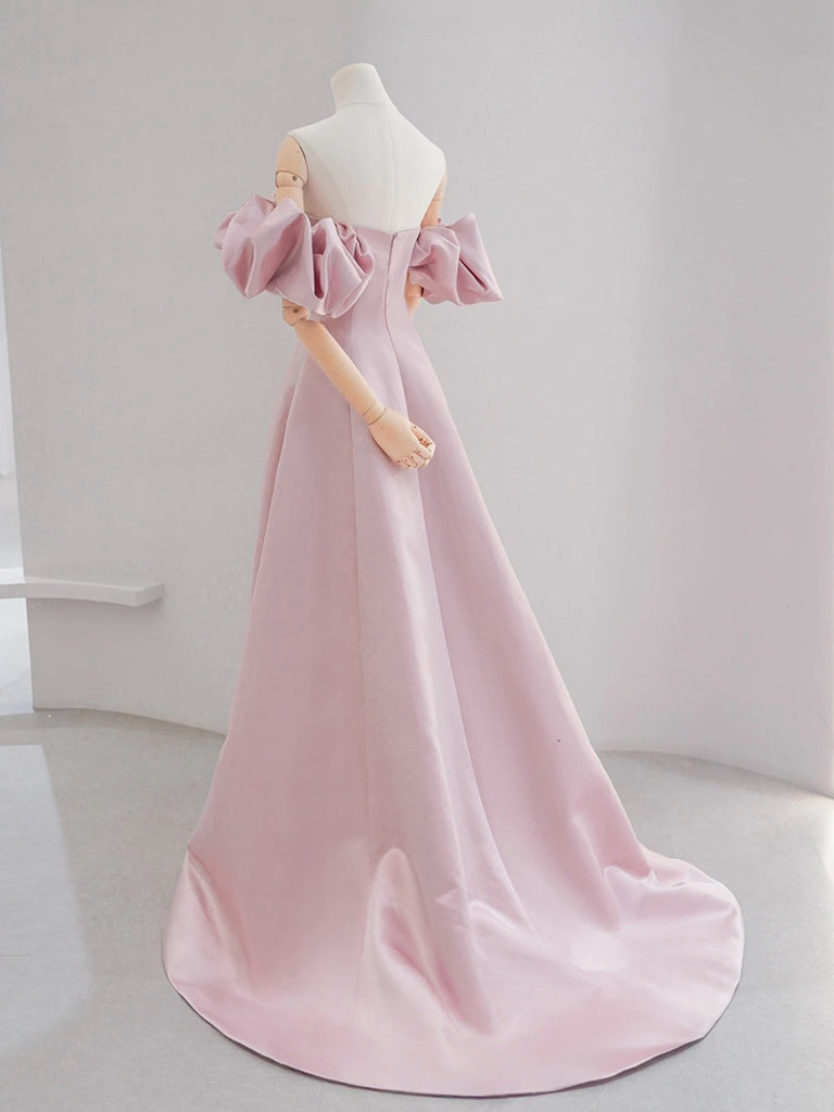 A-Line Puff Sleeves Satin Pink Long Prom Dress, Pink Long Formal Dress