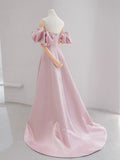 A-Line Puff Sleeves Satin Pink Long Prom Dress, Pink Long Formal Dress