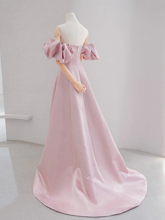 A-Line Puff Sleeves Satin Pink Long Prom Dress, Pink Long Formal Dress