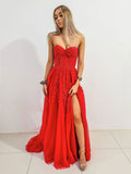 Red sweetheart neck A line tulle lace long prom dress, red evening dress