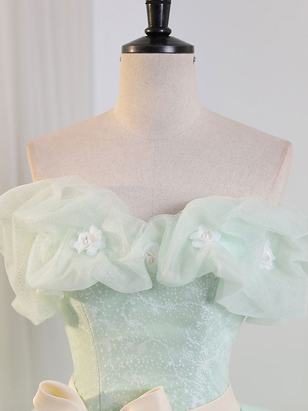 A-Line  Off Shoulder Green Long Prom Dress, Green Sweet 16 Dress