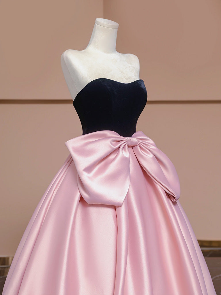 A-Line Sweetheart Neck Satin Velvet Pink Long Prom Dress, Pink Long Formal Dress