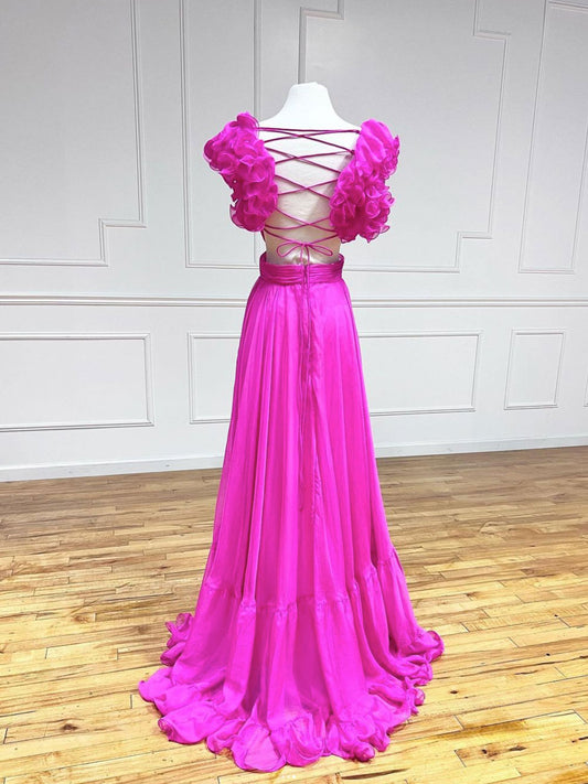 A-Line Fuchsia Long Prom Dresses, Backless Fuchsia Long Formal Dresses