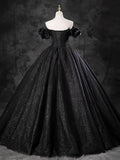 A-line Off Shoulder Tulle Black Long Prom Dress, Black Long Evening Gown