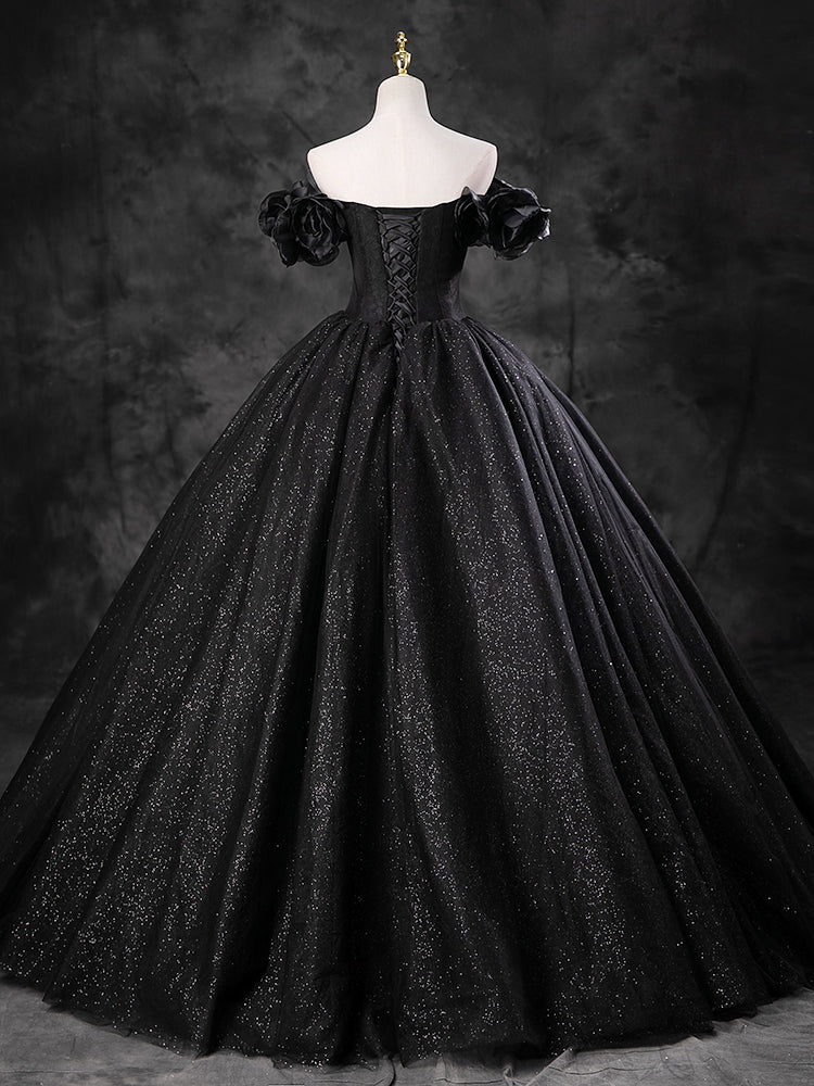 A-line Off Shoulder Tulle Black Long Prom Dress, Black Long Evening Gown