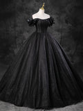 A-line Off Shoulder Tulle Black Long Prom Dress, Black Long Evening Gown