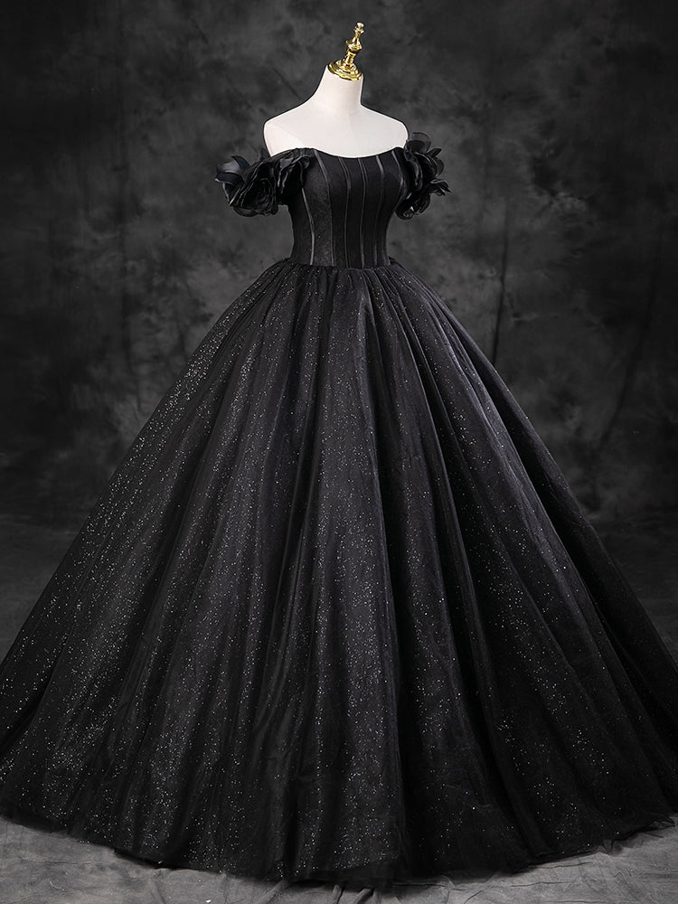 A-line Off Shoulder Tulle Black Long Prom Dress, Black Long Evening Gown