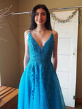 A-Line V Neck Tulle Lace Blue Long Prom Dress, Blue Long Formal Dress