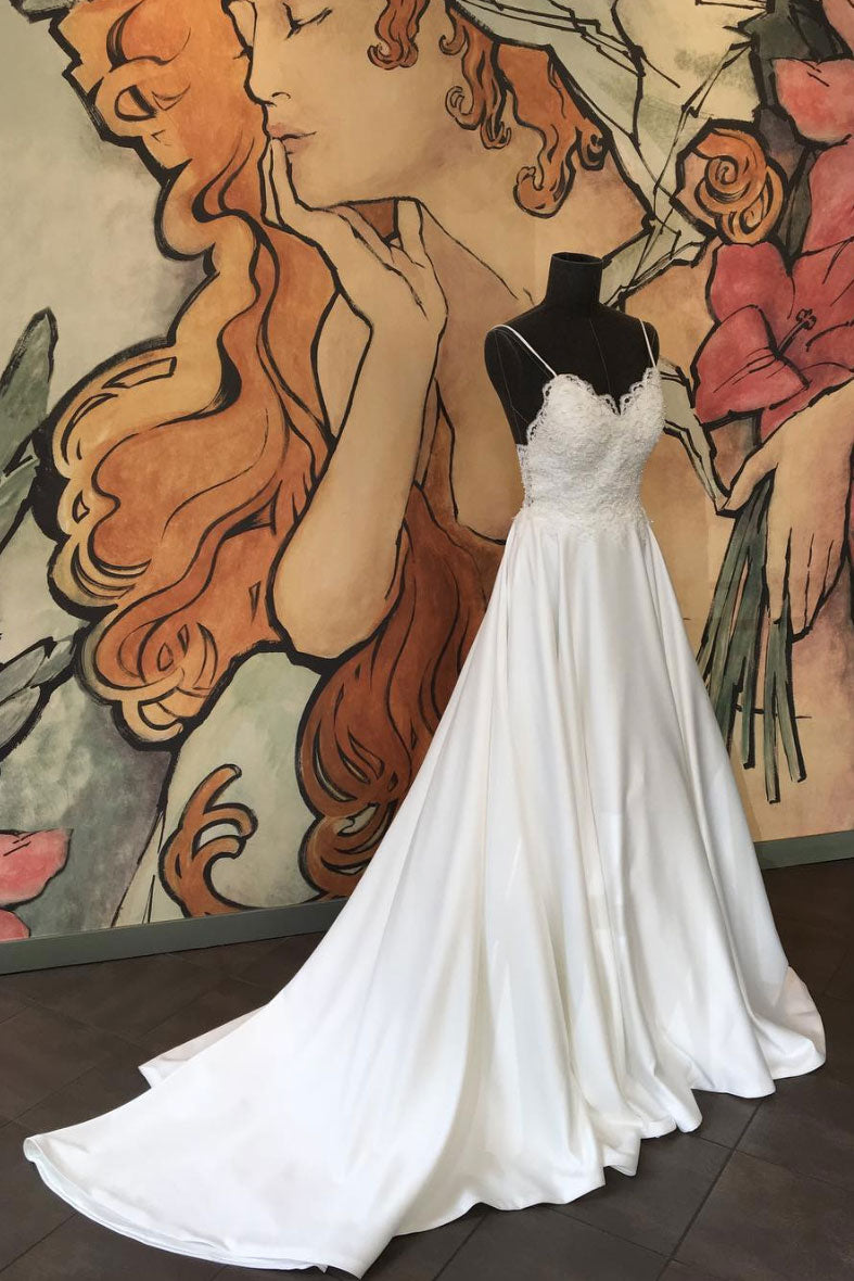 White sweetheart lace satin long prom dress, white evening dress