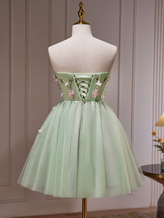 A-Line Sweetheart Neck Tulle Beads Green Short Prom Dress, Cute Homecoming Dress