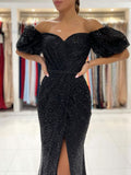 Black off shoulder sequin long prom dress, black evening dress