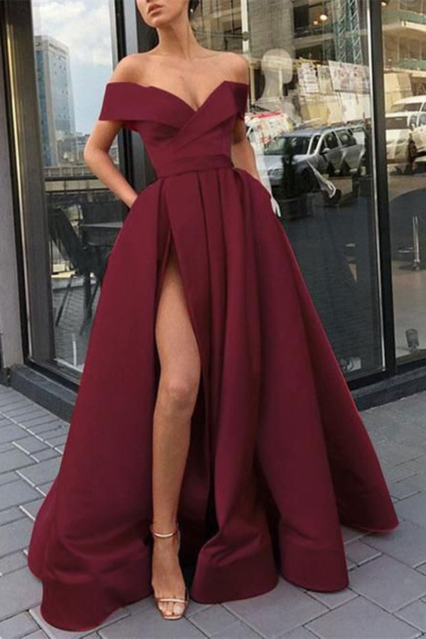 Burgundy v neck satin off shoulder long prom dress burgundy evening dress