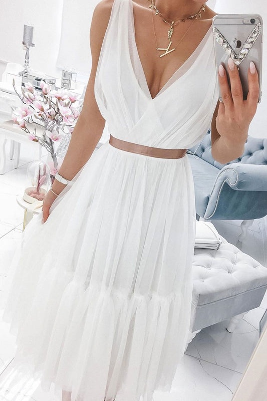 Simple white v neck chiffon prom dress white tulle formal dress