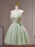A-Line Sweetheart Neck Tulle Beads Green Short Prom Dress, Cute Homecoming Dress