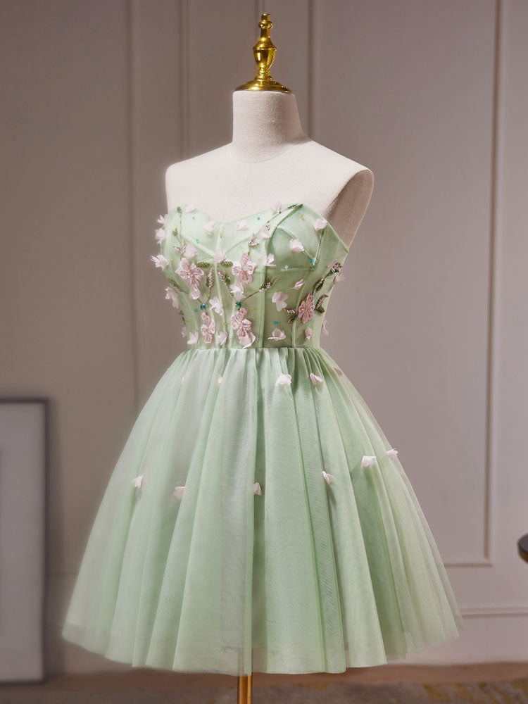 A-Line Sweetheart Neck Tulle Beads Green Short Prom Dress, Cute Homecoming Dress
