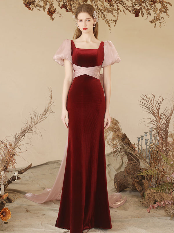 Burgundy  Mermaid  Velvet Long Prom Dress, Burgundy Formal Dresses