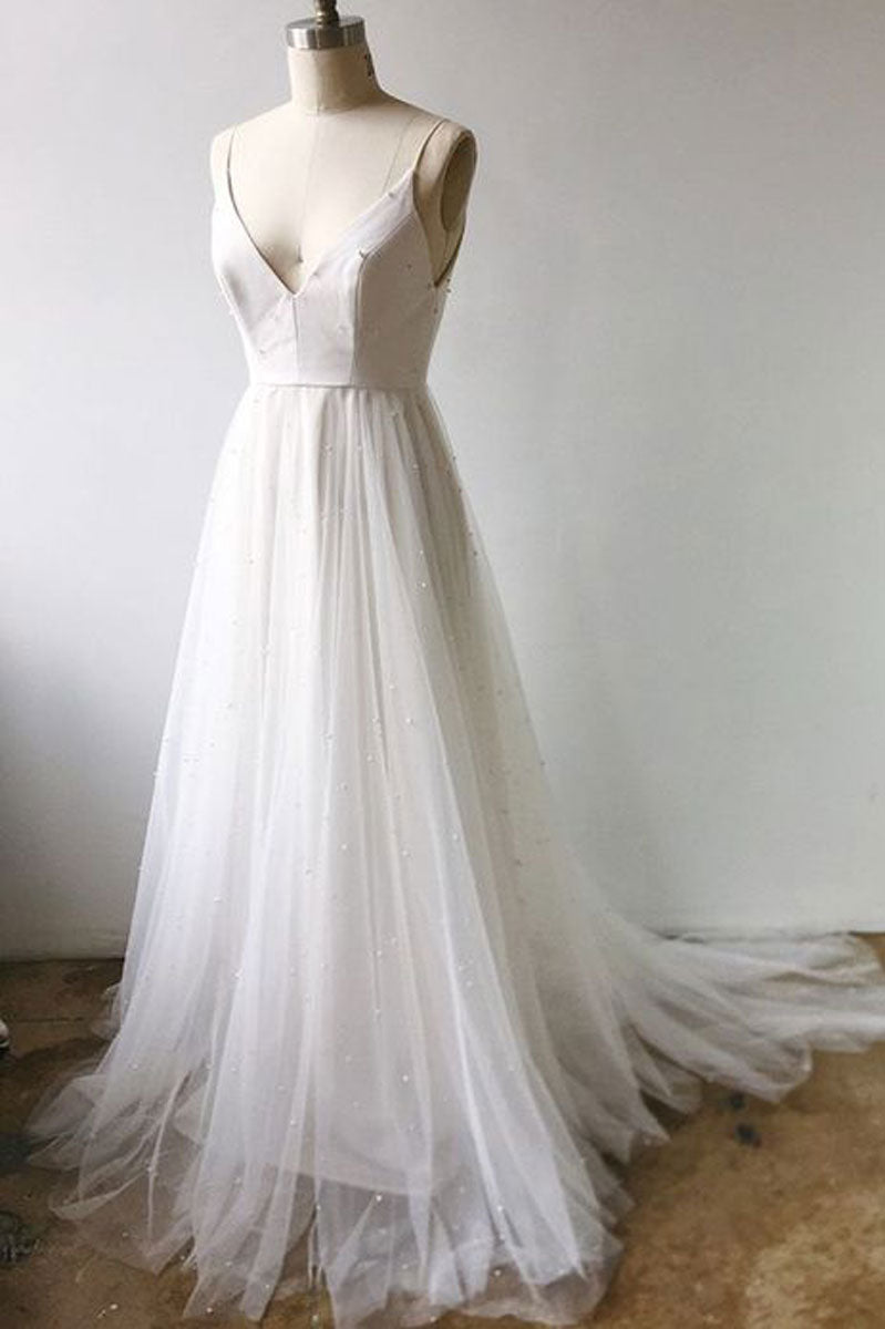 White v neck tulle long prom dress, tulle formal dress