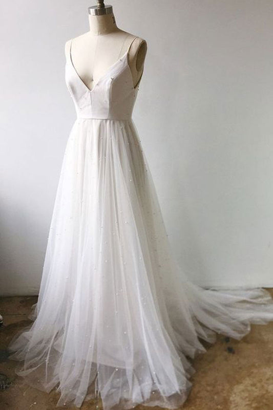 White v neck tulle long prom dress, tulle formal dress