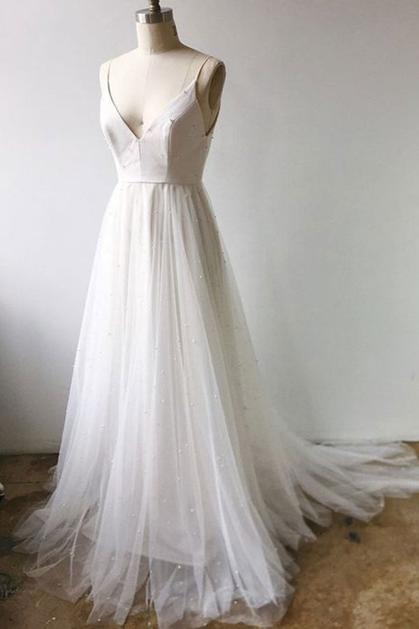White v neck tulle long prom dress, tulle formal dress