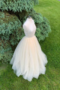 Light champagne tulle long prom dress champagne formal dress