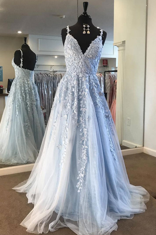 Light blue lace tulle long prom dress, blue formal dress