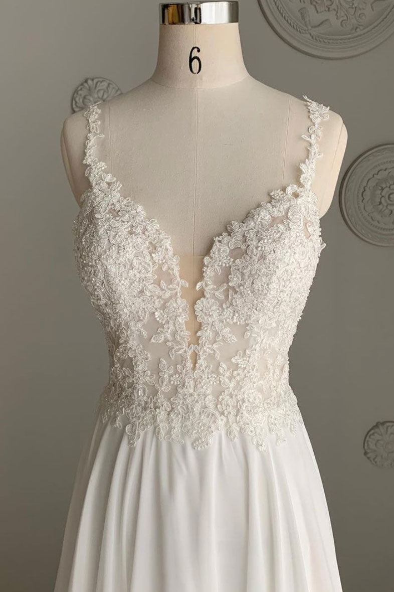 White v neck chiffon lace long prom dress white lace formal dress