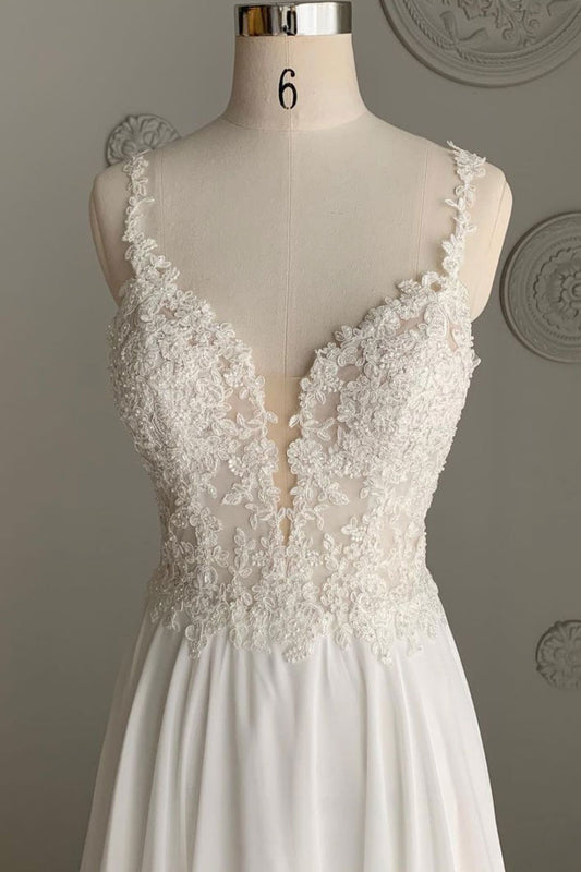 White v neck chiffon lace long prom dress white lace formal dress