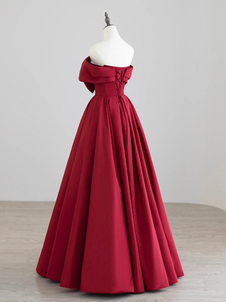 A-Line Satin Dark Red Long Prom Dress, Dark Red Long Formal Dress
