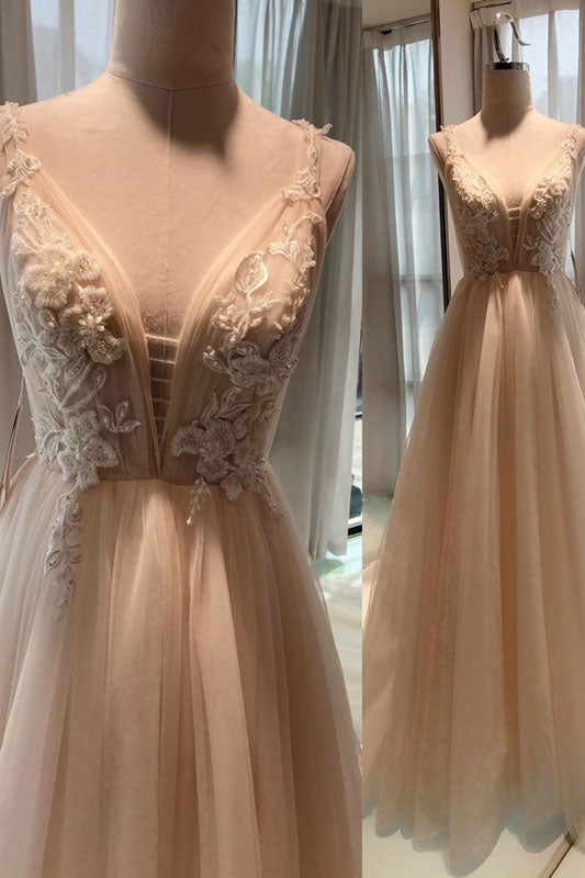 Champagne A-line v neck tulle long prom dress tulle formal dress