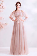 Pink round neck tulle lace long prom dress tulle lace evening dress