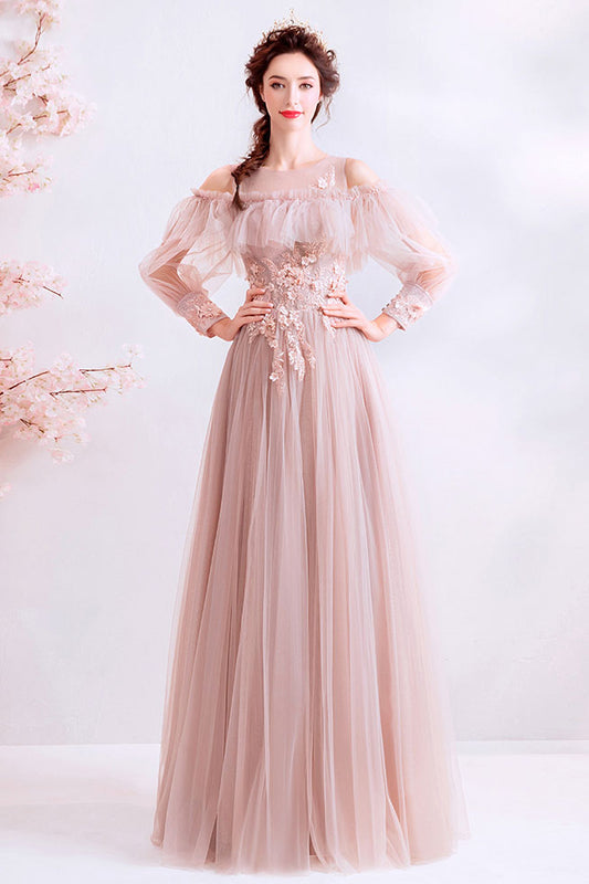 Pink round neck tulle lace long prom dress tulle lace evening dress
