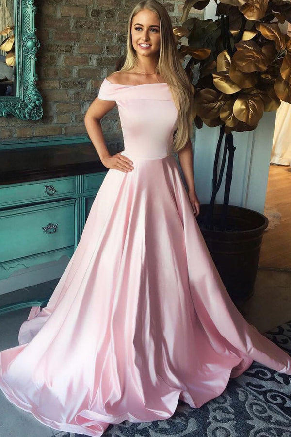 Simple pink satin long prom dress, pink evening dress