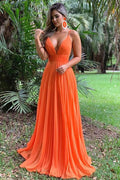 Simple v neck chiffon long prom dress chiffon evening dress