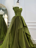 Green Satin Long Prom Dresses, Tulle Green Formal Evening Dresses