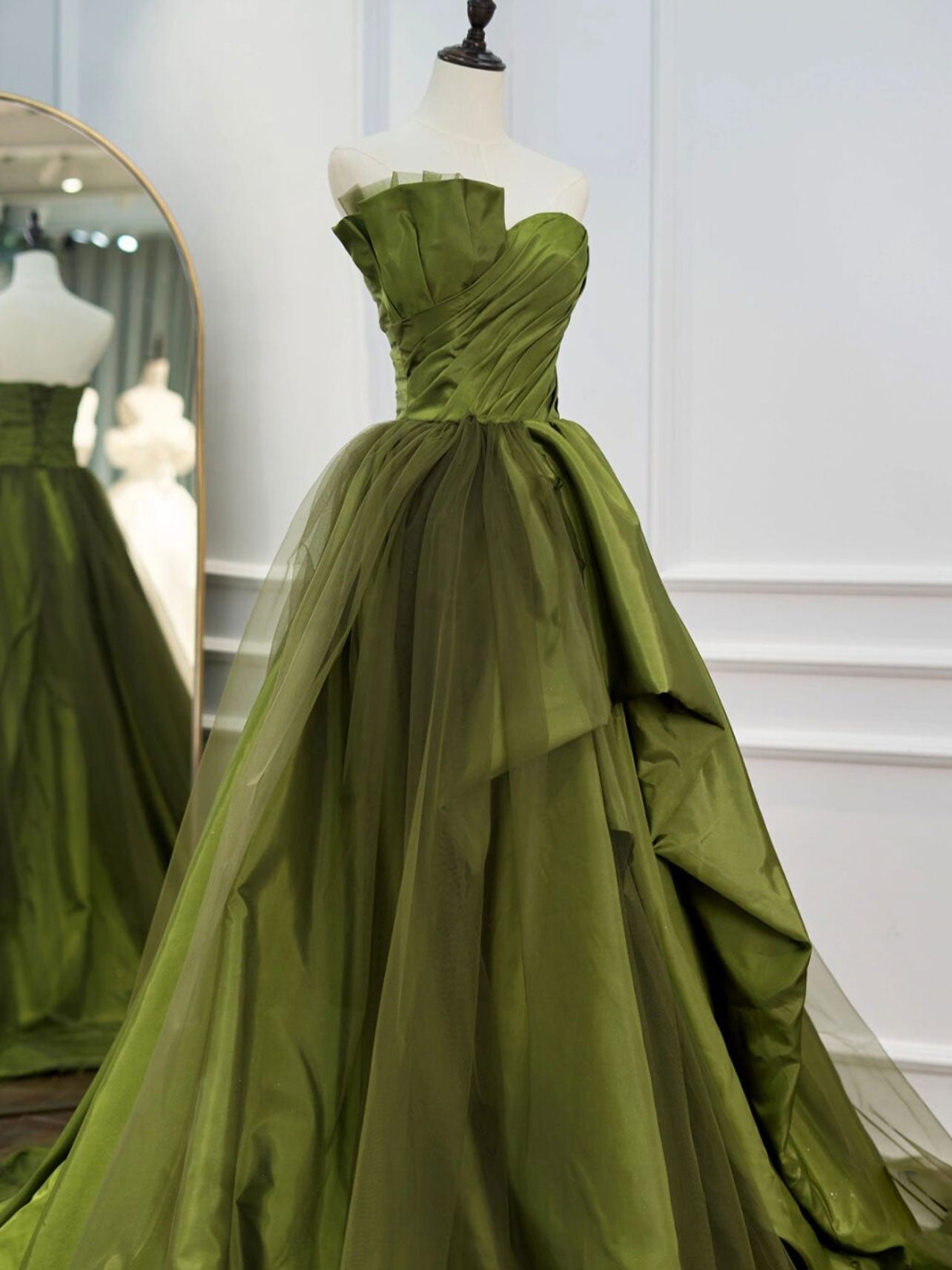 Green Satin Long Prom Dresses, Tulle Green Formal Evening Dresses