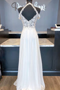 White sweetheart chiffon lace long prom dress white bridesmaid dress