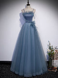 Gray blue tulle long prom dress, gray blue A line evening dress