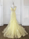 Mermaid V Neck Tulle Lace Yellow Long Prom Dress, Yellow Long Formal Dress