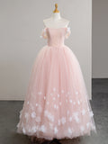 A-line Off Shoulder Tulle 3D Applique Pink Long Prom Dress, Pink Long Formal Dress