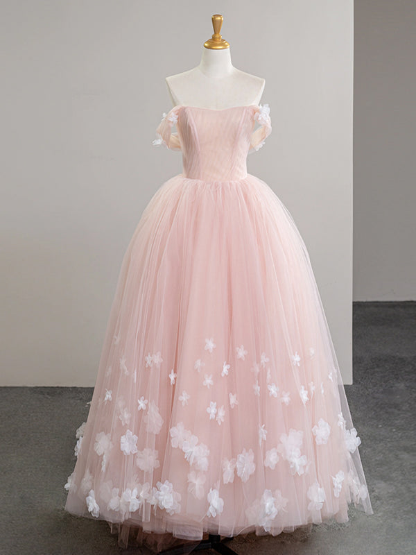 A-line Off Shoulder Tulle 3D Applique Pink Long Prom Dress, Pink Long Formal Dress