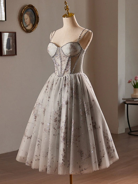 A-Line Sweetheart Neck Tulle Short Prom Dress, Gray Short Homecoming Dress