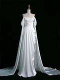 A-Line Off Shoulder Satin White Long Prom Dress, White Long Formal Dress
