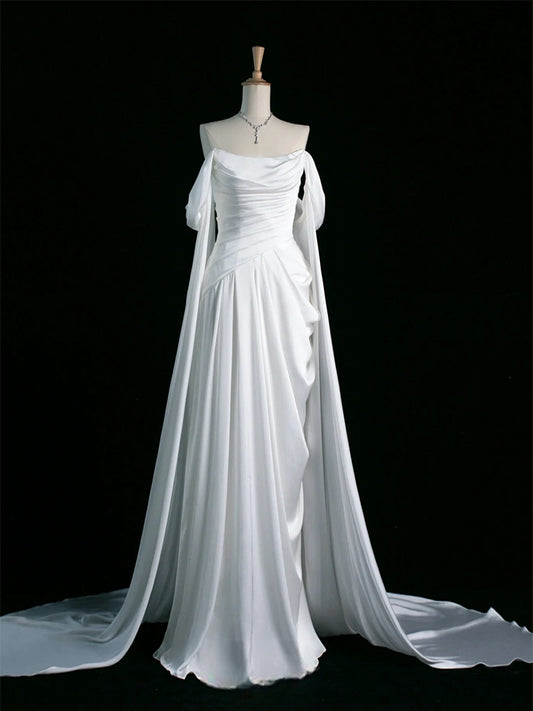 A-Line Off Shoulder Satin White Long Prom Dress, White Long Formal Dress
