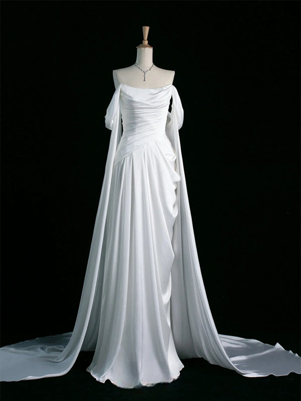 A-Line Off Shoulder Satin White Long Prom Dress, White Long Formal Dress