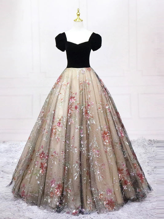 A-Line  V Neck Tulle Velvet Black Long Prom Dress, Black Long Formal Dress